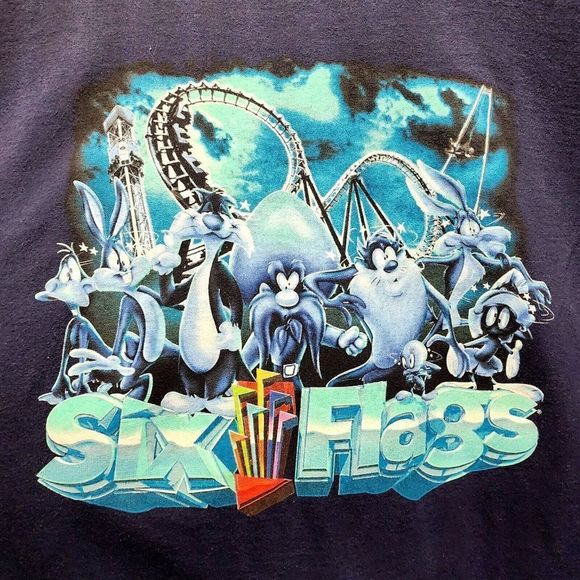 Looney Toons Six Flag 2001 Vintage Collaboration Shirt Blue Rare Clean Size XL - Picture 2 of 6